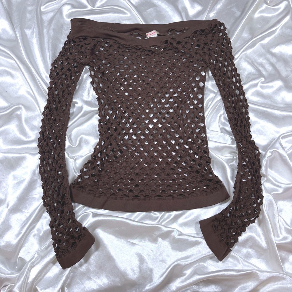 y2k Mesh Top Brown Excellent Niki Biki Fishnet Long Sleeve Off Shoulder OS